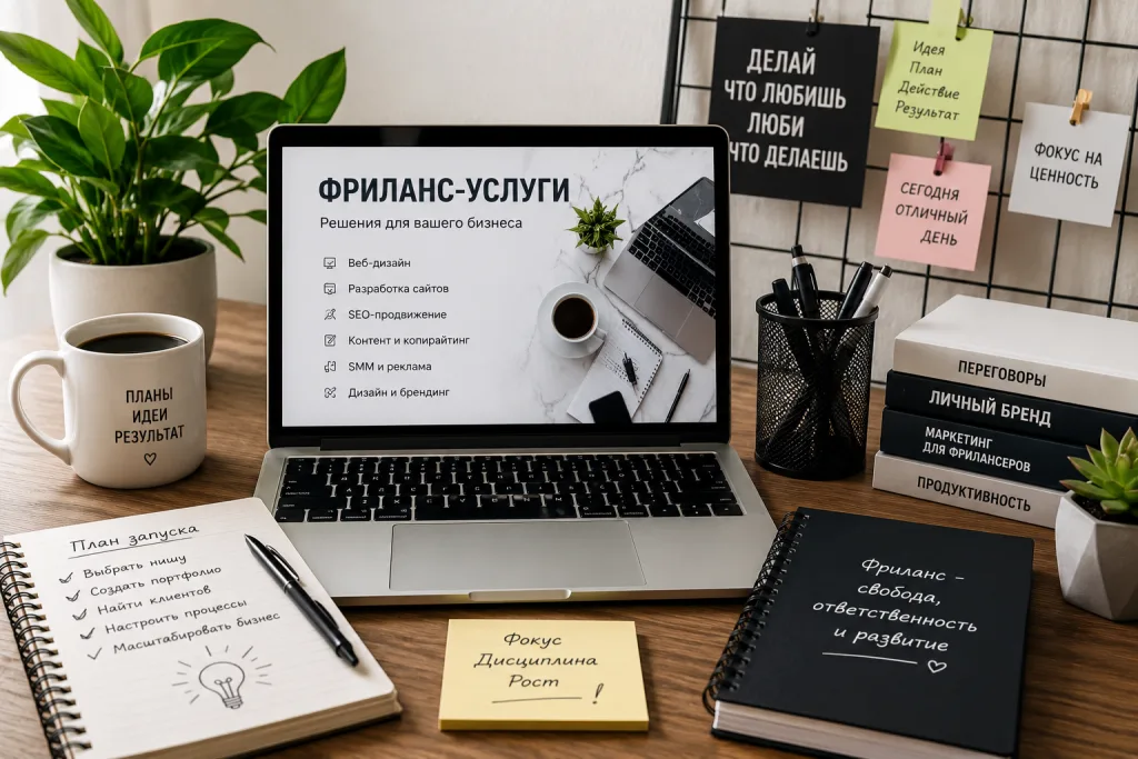 Фриланс-услуги и удалённая работа: современное рабочее место с ноутбуком, планированием и домашним офисом